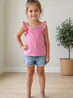 Janie and Jack Pink Ruffle Tank with Lace Square Neckline